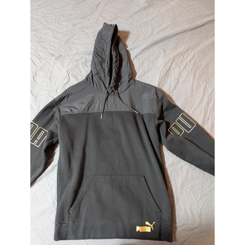 PUMA Mens Small Gold Logo Winterized Pullover Fleece Hoodie‎ Black Gold